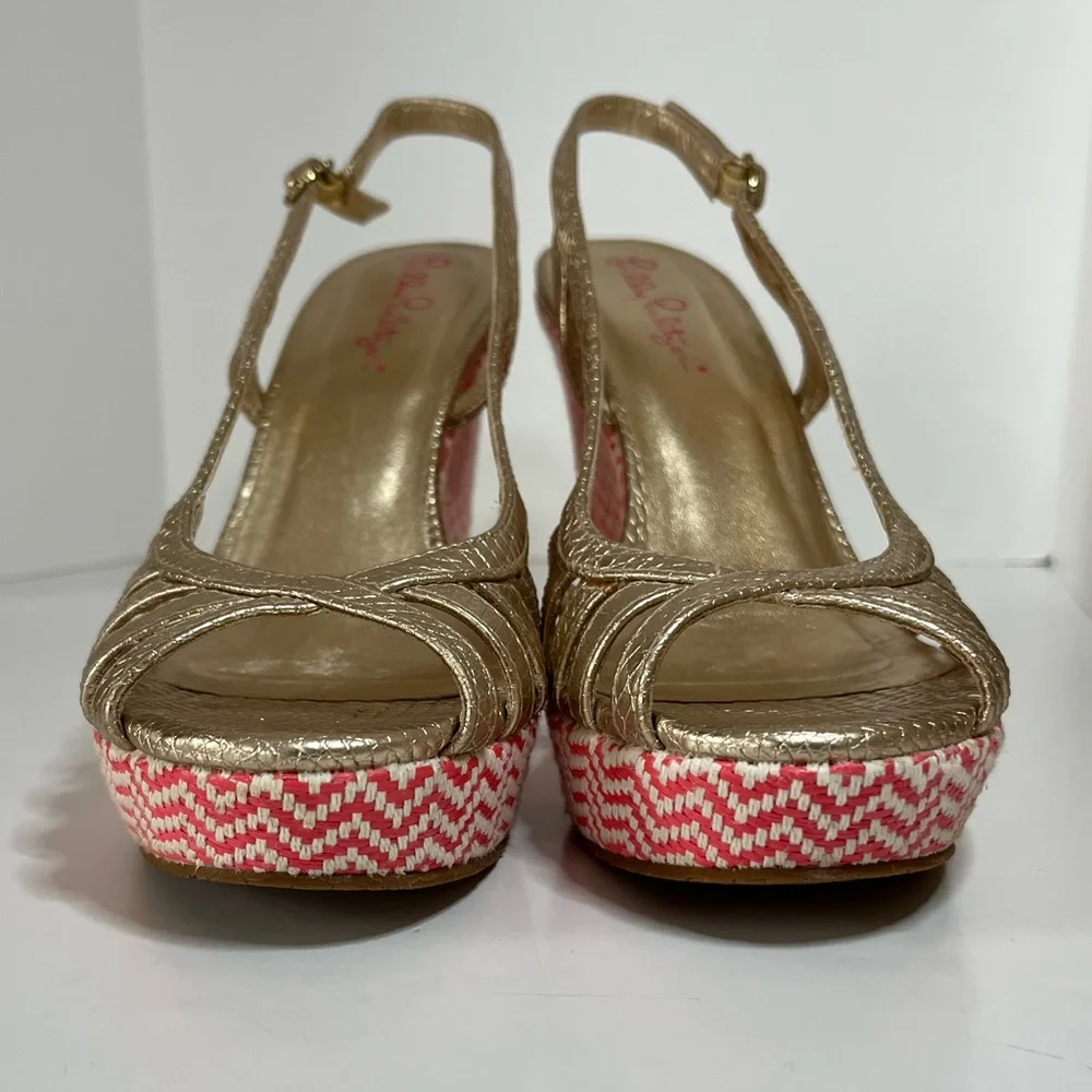 Lilly Pulitzer Sophie Pink and Gold Chevron Slingback Open Toe Strappy Wedges 6M